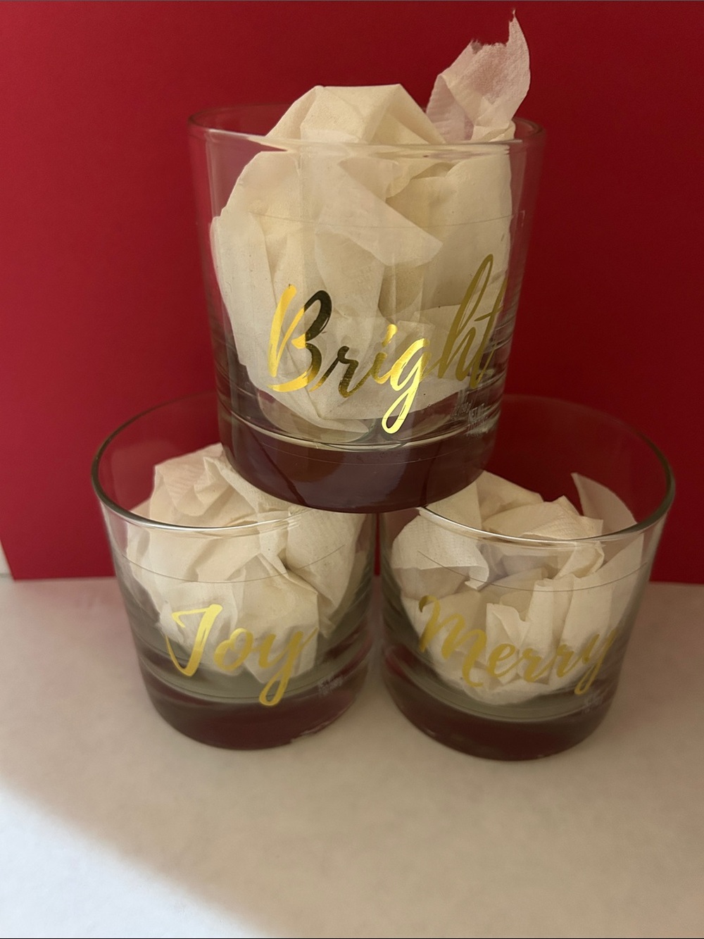 Set of 3 Glass Votive Holders with Gold Script - Joy Merry Bright
